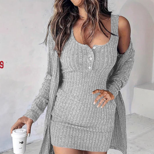 Damen Geripptes Twinset aus figurbetontem Träger-Strickkleid und Offenem Longcardigan Shop Nory