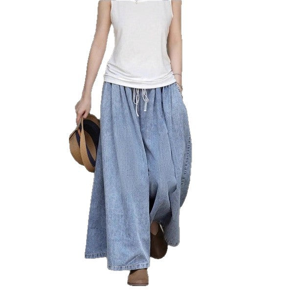 Damen Langer Denim-Maxirock mit Tunnelzugbund, weitem A‑Linien‑Schnitt und Eingrifftaschen Shop Nory