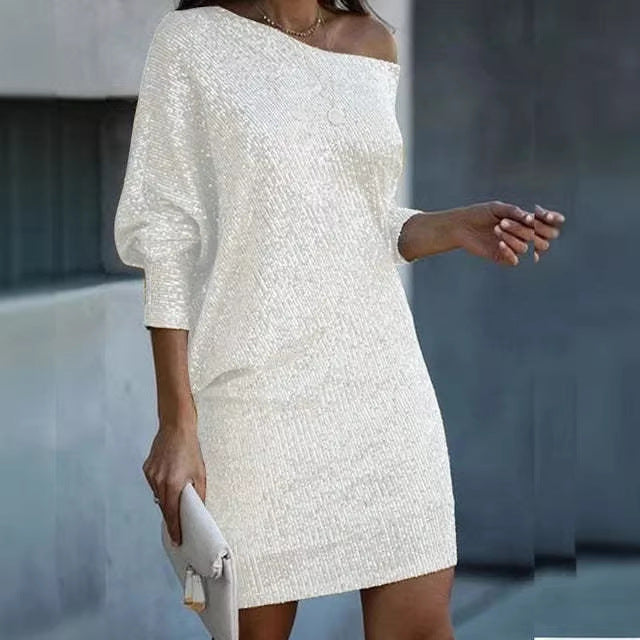 Damen Schulterfreies Strick-Minikleid mit Fledermausärmeln Shop Nory