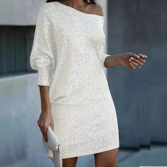 Damen Schulterfreies Strick-Minikleid mit Fledermausärmeln Shop Nory