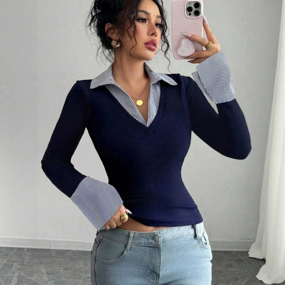 Damen Figurbetontes Feinstrick-Top mit Hemdkragen und Kontrastmanschetten Shop Nory