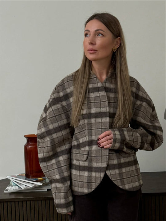 Damen Karierter Boxy‑Blazer mit voluminösen Ballonärmeln Shop Nory