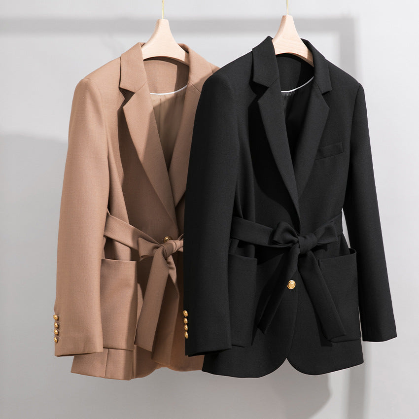 Damen Taillierter Mantelblazer mit Bindegürtel, Pattentaschen und Reverskragen Shop Nory