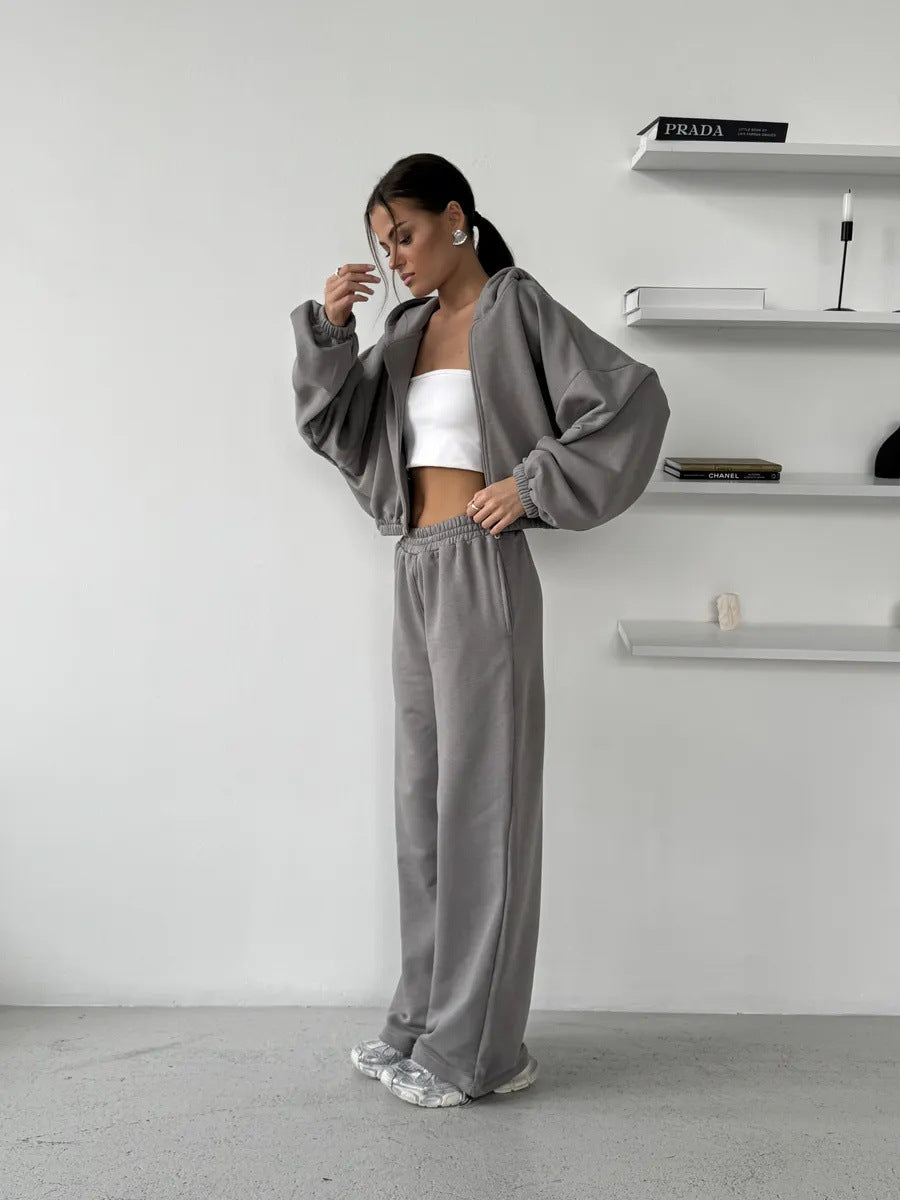 Damen Lounge-Set Cropped-Zip-Hoodie mit Oversize-Ärmeln und High-Waist Palazzo-Jogger Shop Nory
