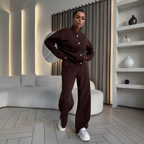 Damen Zweiteiliges Loungewear-Set mit Stehkragen, dekorativen Schmuckknöpfen und weitem Palazzo-Hosenbein Shop Nory