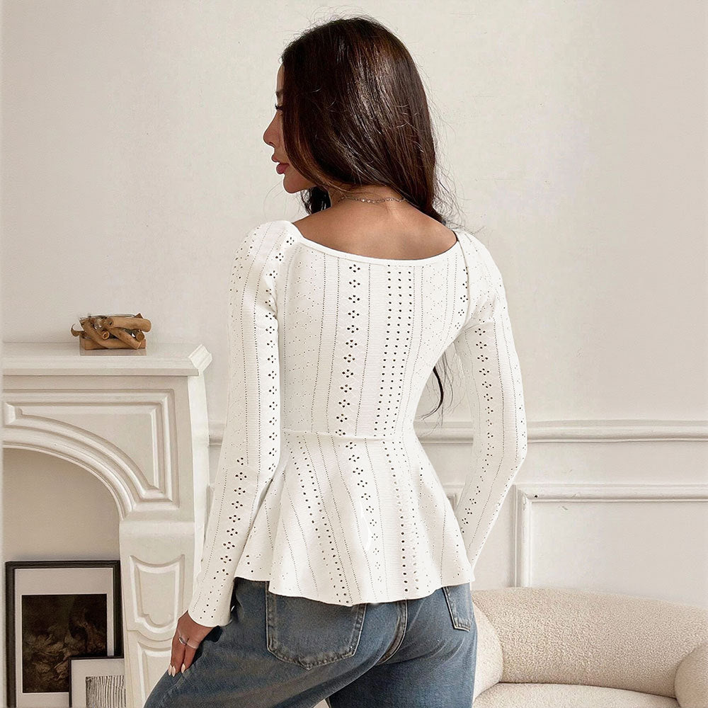 Damen besticktes Broderie-Anglaise Langarm-Top mit Raffung, V‑Ausschnitt‑Effekt und tailliertem Schößchen Shop Nory