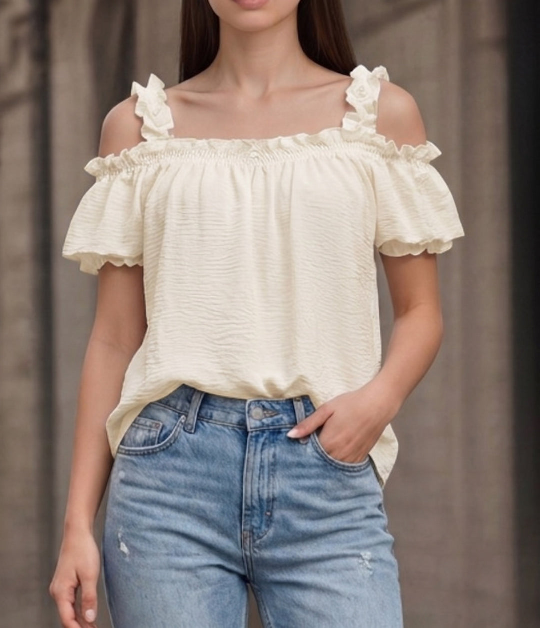 Damen Schulterfreies Crinkle-Top mit Smok-Bandeau, Rüschen‑Trägern und Flügelärmeln Shop Nory