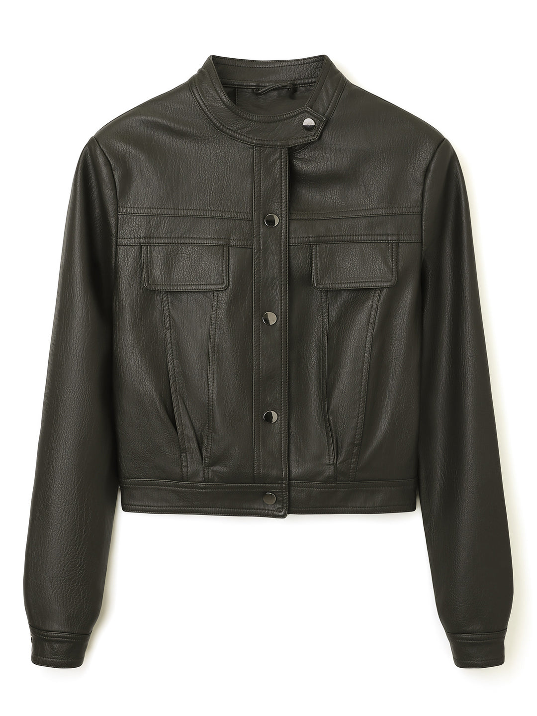 Damen Kurz geschnittene Lederjacke mit Stehkragen und Pattentaschen Shop Nory