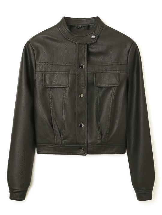 Damen Kurz geschnittene Lederjacke mit Stehkragen und Pattentaschen Shop Nory
