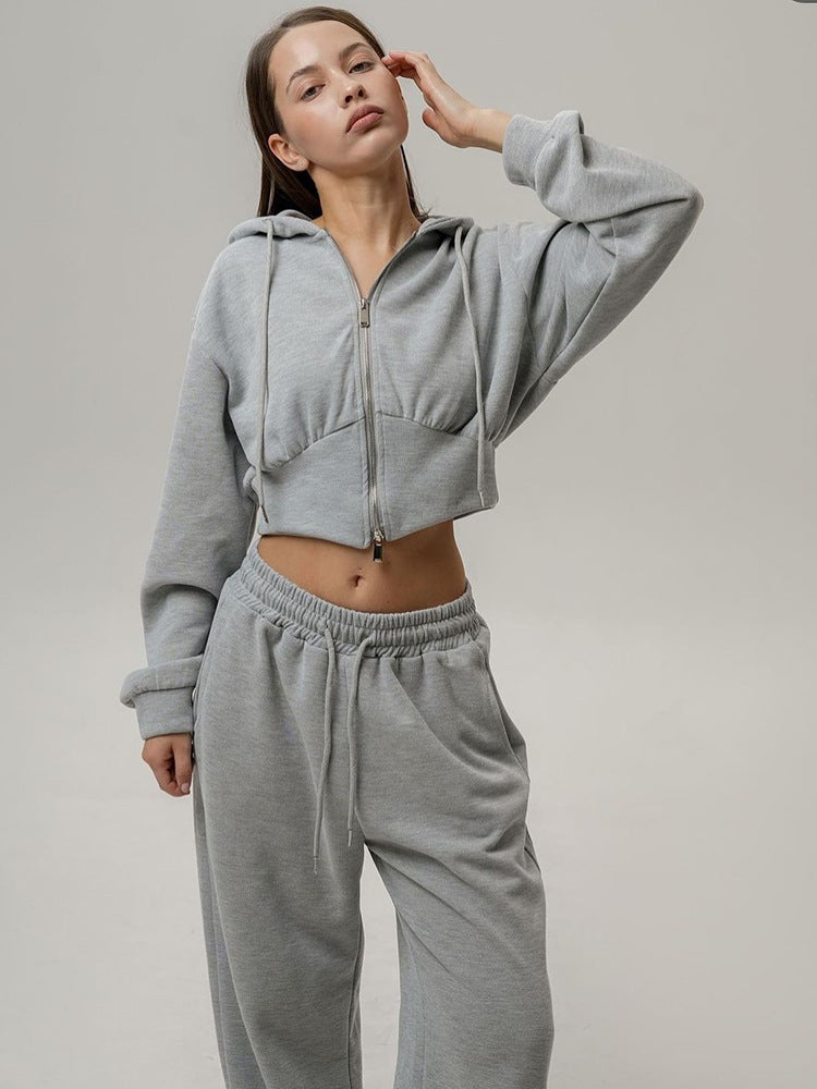 Damen kurzes Reißverschluss-Cropped-Hoodie mit hoher Bund Palazzo-Jogginghose Set Shop Nory