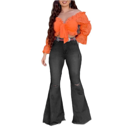 Damen Hochtaillierte Schlaghose-Jeans mit ausgestelltem Bein, Knie-Rissen und figurformendem Stretchbund Shop Nory