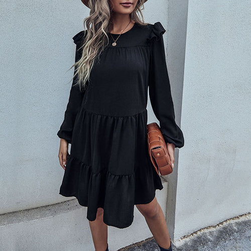 Damen A-Linien Stufenkleid mit langen Ärmeln und zarten Rüschen Shop Nory