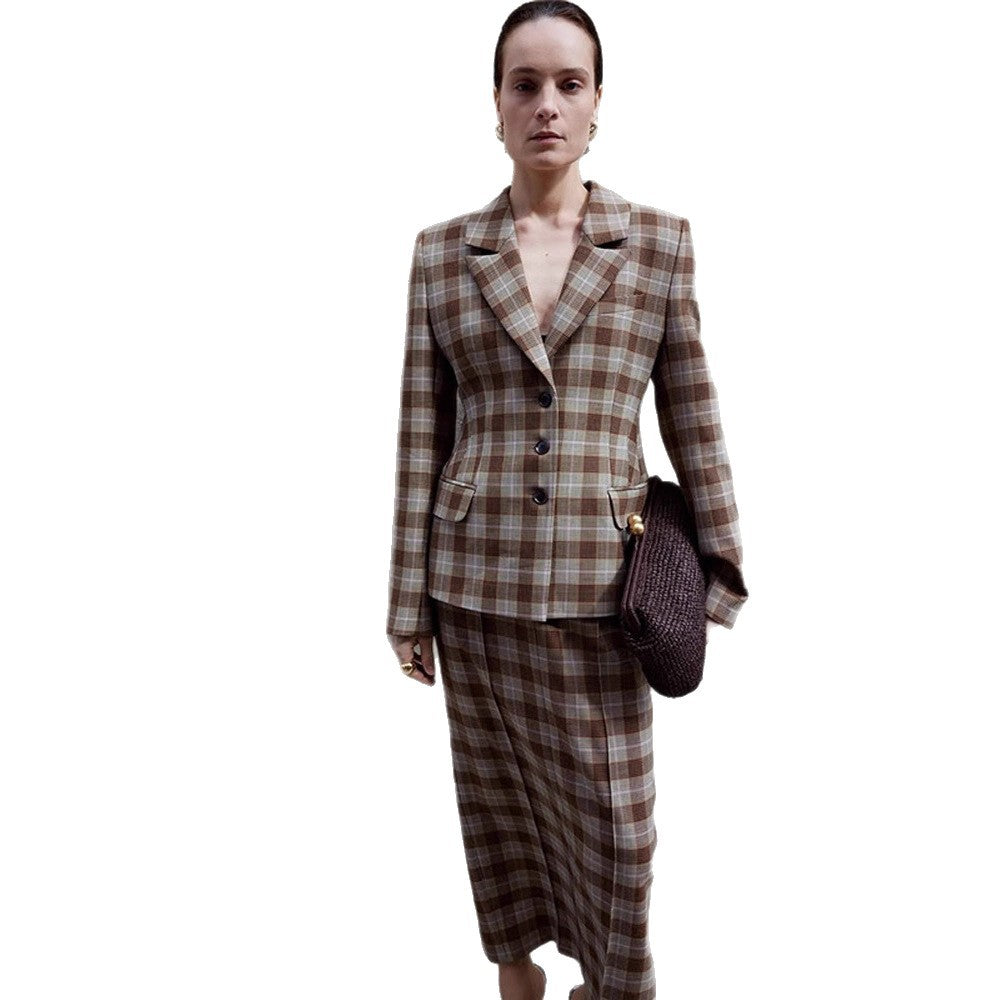 Damen Karo-Blazer und Minirock Set mit taillierter Silhouette und Schößchen Shop Nory
