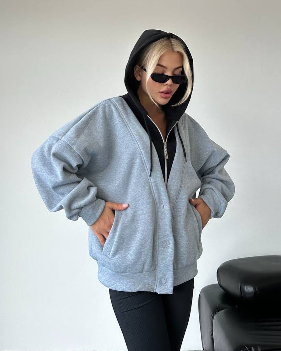 Damen Oversized Kapuzenjacke mit Druckknopfverschluss und Eingrifftaschen Shop Nory