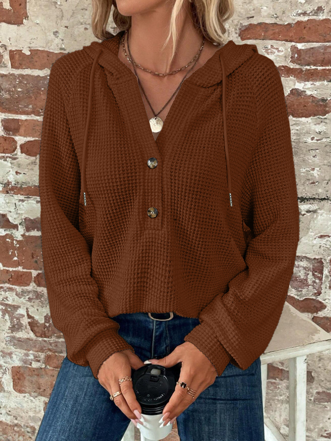 Damen Waffelstrick Kapuzenpullover mit Knopfleiste und Rüschenkragen Shop Nory