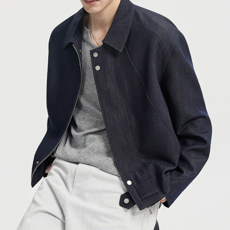 Herren Boxy-Jeansjacke im Minimalstil mit Hemdkragen und verdeckter Druckknopfblende Shop Nory