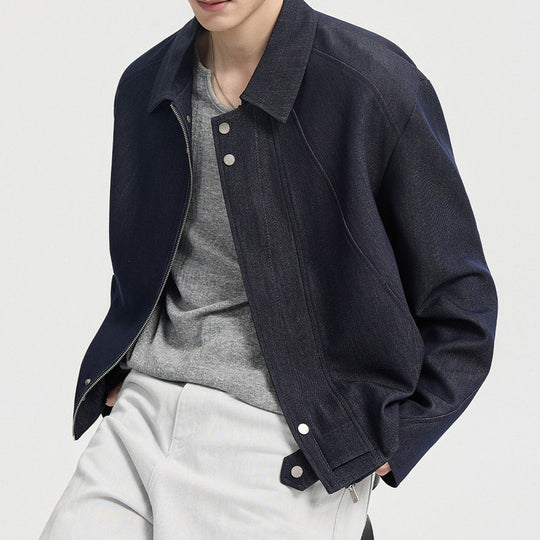Herren Boxy-Jeansjacke im Minimalstil mit Hemdkragen und verdeckter Druckknopfblende Shop Nory