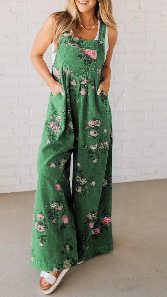 Damen Lässiger Denim-Hosenanzug mit floralem Print und weiten Beinen