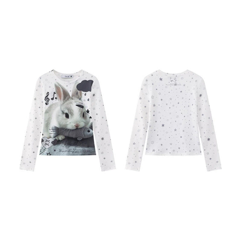 Damen Langarmshirt mit fotorealistischem Hasen-Fotoprint, Allover-Sternenmuster und elastischem Jersey Shop Nory