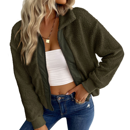 Damen Teddy-Fleece Bomberjacke mit Stehkragen, durchgehendem Reißverschluss und Rippbündchen Shop Nory