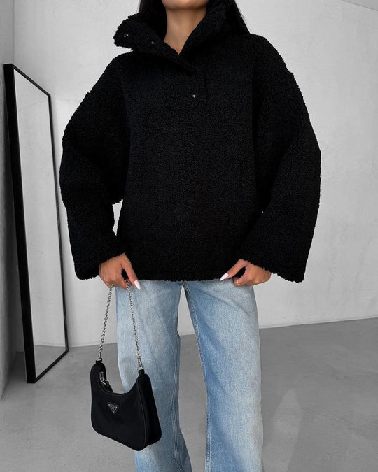 Damen Oversized Teddy-Pullover mit halber Druckknopfleiste und Stehkragen Shop Nory