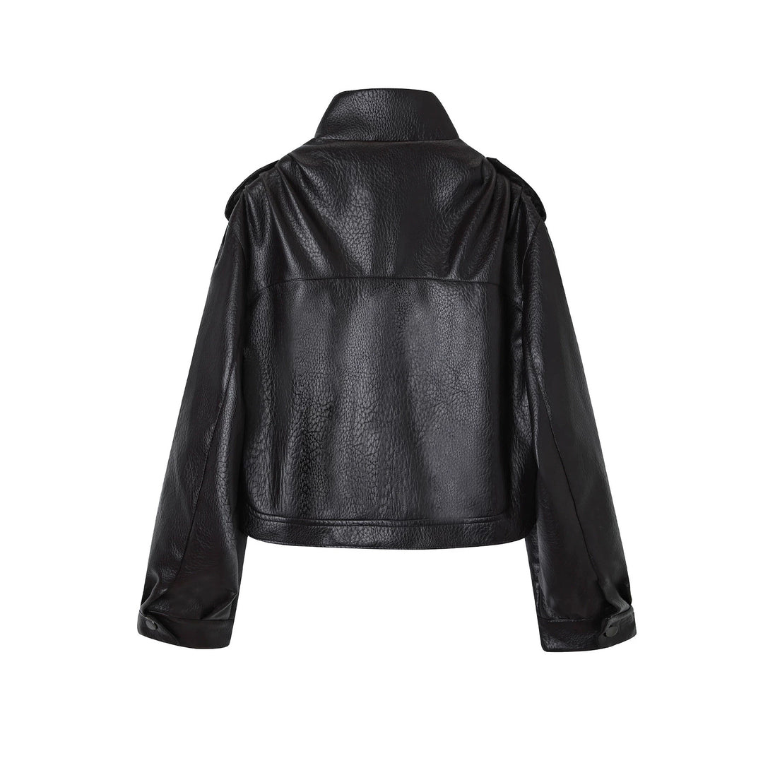 Damen Kurzjacke im Utility-Look aus strukturierter Kunstlederoptik mit hohem Stehkragen und verstellbarem Taillengürtel Shop Nory