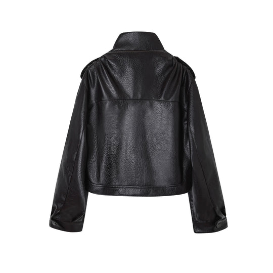 Damen Kurzjacke im Utility-Look aus strukturierter Kunstlederoptik mit hohem Stehkragen und verstellbarem Taillengürtel Shop Nory