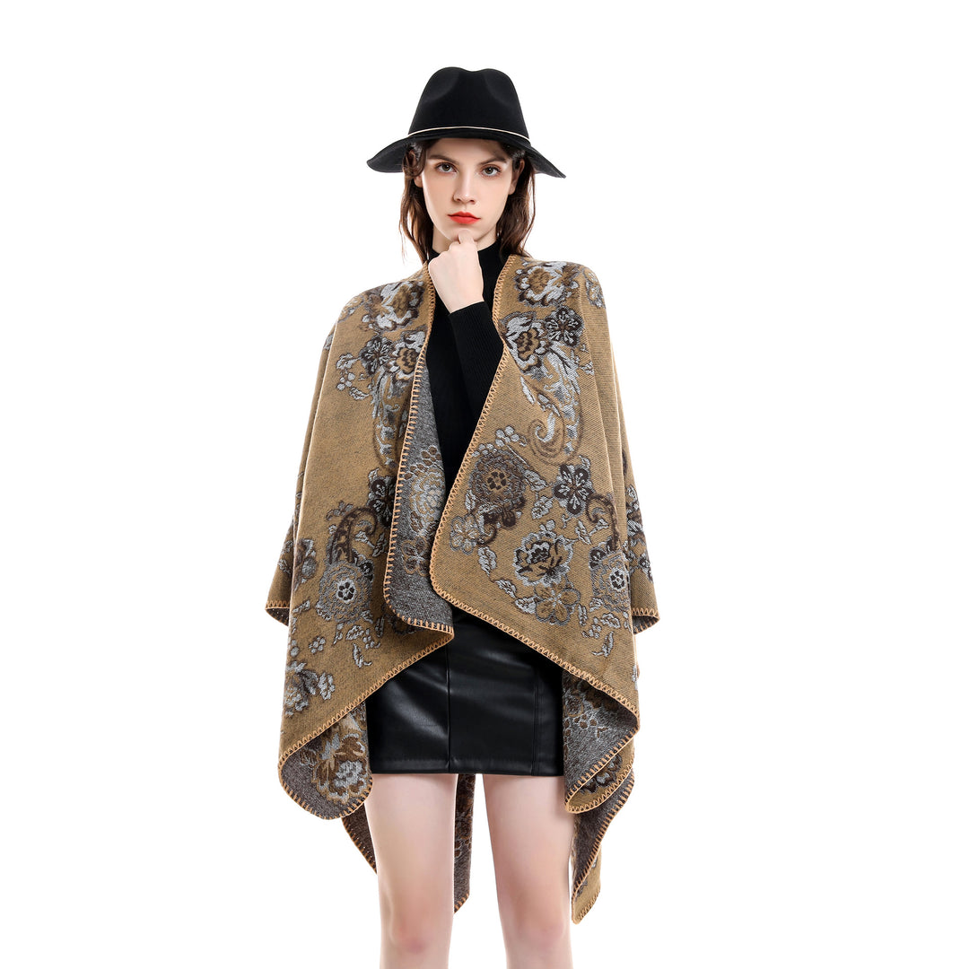 Damen Reversibler Strick-Umhang mit floraler Jacquard‑Webung und Zierkettelnaht Shop Nory