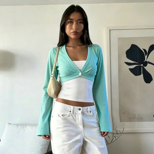 Damen nan Bolero-Overlay-Top mit tiefem V-Ausschnitt, ausgestellten Trompetenärmeln und integrierter Camisole Shop Nory