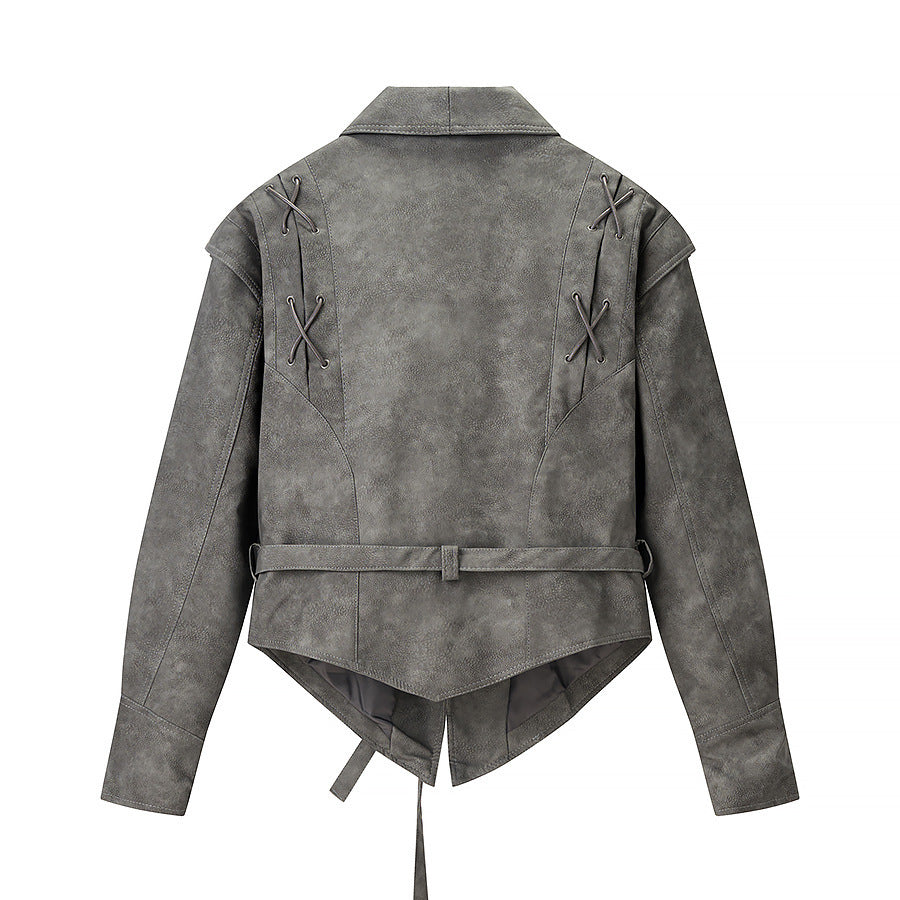Damen Kurzjacke aus Veloursoptik mit Wickelgürtel und Schnürdetail Shop Nory