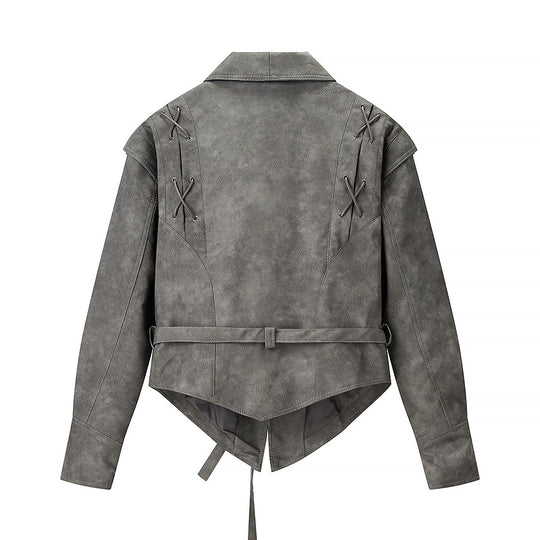 Damen Kurzjacke aus Veloursoptik mit Wickelgürtel und Schnürdetail Shop Nory