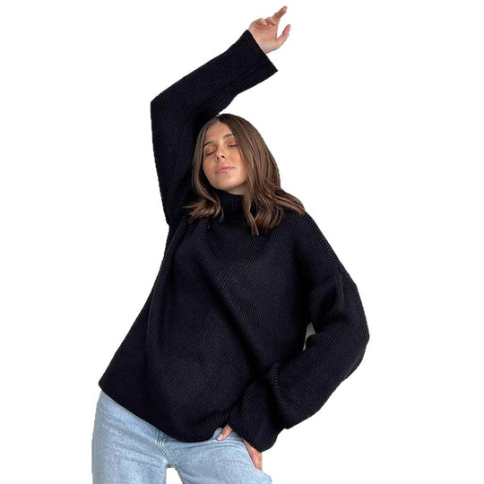 Damen Oversized Rippenstrick Rollkragenpullover mit verlängerter Manschette Shop Nory