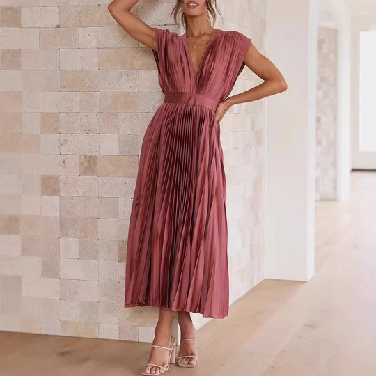 Damen Plissiertes Midikleid mit tiefem V-Ausschnitt und Taillengürtel Shop Nory