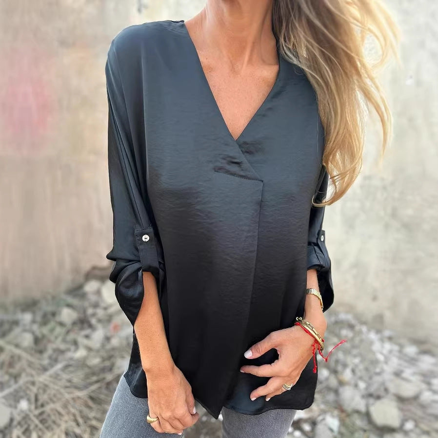 Damen Leichtes V-Ausschnitt Tunika-Bluse mit aufgekrempelten Ärmeln und lockerer Passform Shop Nory