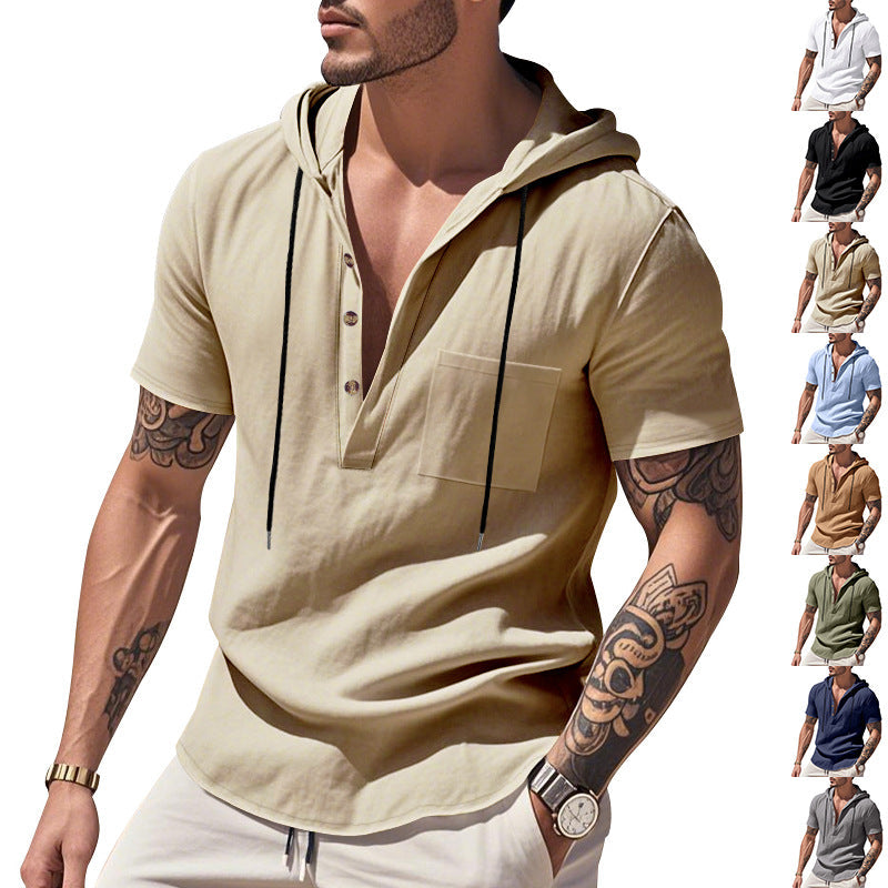 Herren nan legere Kurzarm-Kapuzen-Henley aus Single-Jersey mit Brusttasche und Kontrastkordel