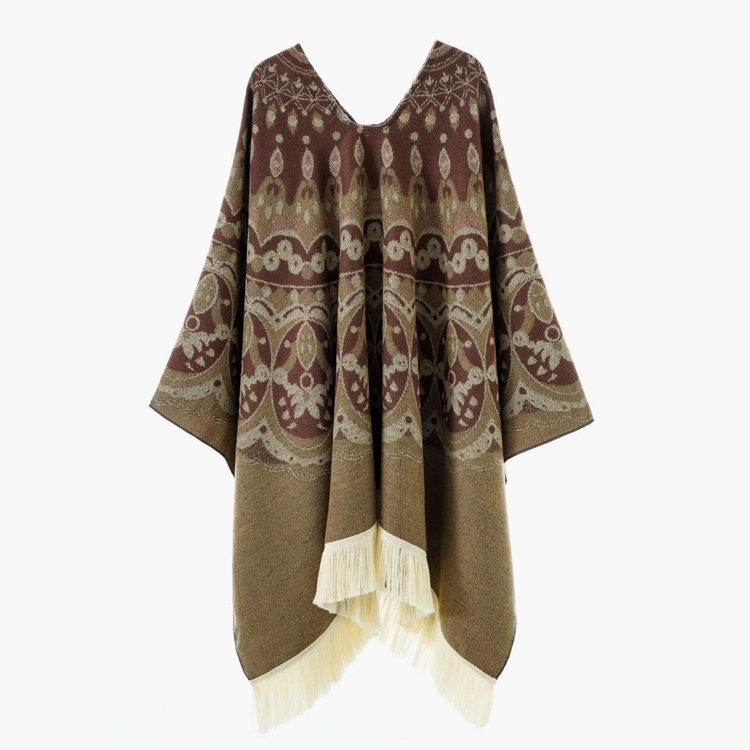 Damen Gewebter Jacquard-Poncho mit V-Ausschnitt, Ethno‑Print und Fransen Shop Nory