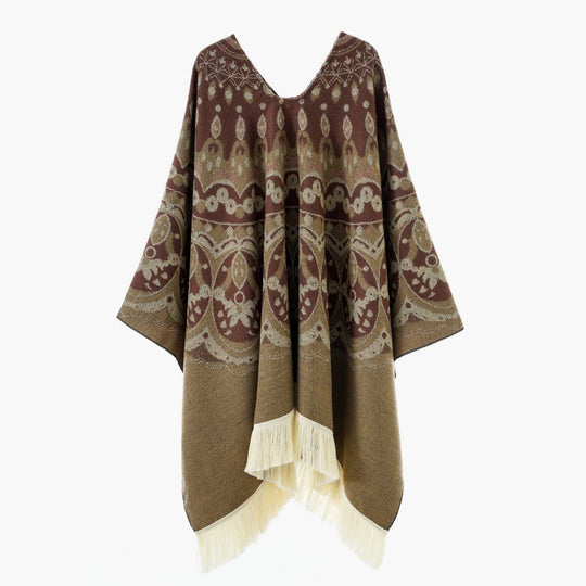 Damen Gewebter Jacquard-Poncho mit V-Ausschnitt, Ethno‑Print und Fransen Shop Nory
