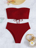 Damen Bandeau-Bikini mit hohem Bund und Rippdesign