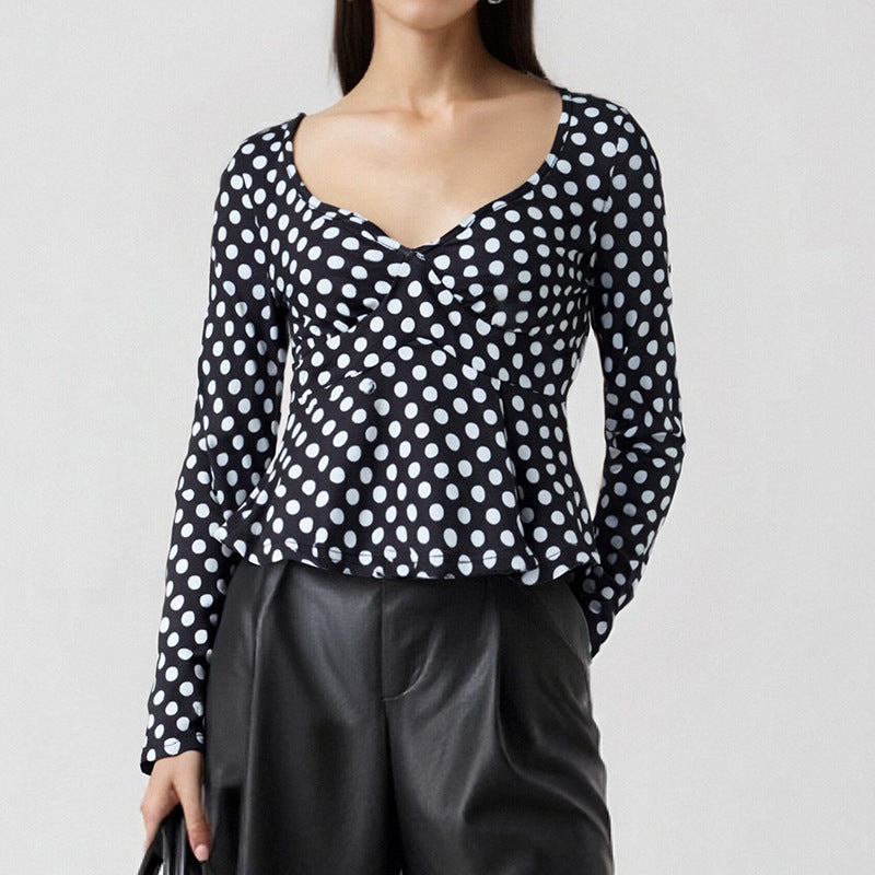 Damen Langarm-Top mit Punktmuster, tailliertem Peplum und herzförmigem Ausschnitt Shop Nory