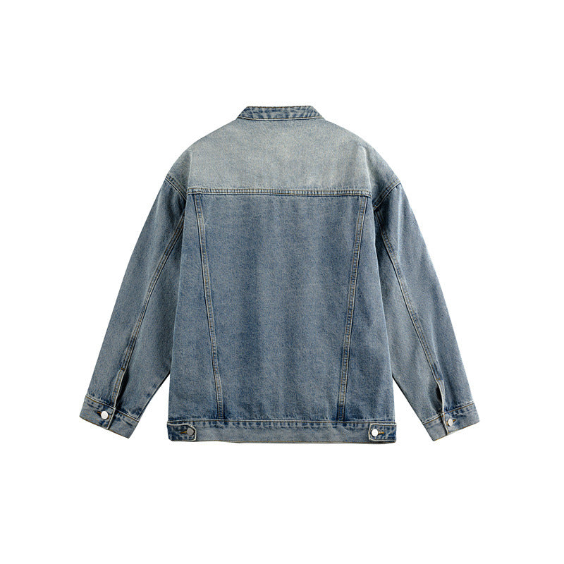 Unisex Boxy-Jeansjacke im Workwear-Stil mit geschwungener Teilnaht und Stehkragen Shop Nory