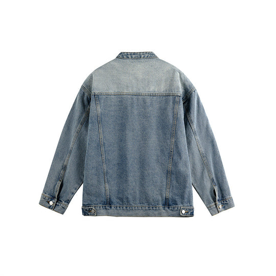 Unisex Boxy-Jeansjacke im Workwear-Stil mit geschwungener Teilnaht und Stehkragen Shop Nory