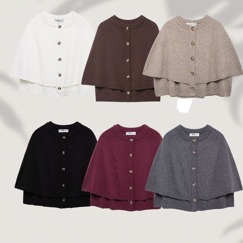 Damen Button-Front Strickcape mit doppelter Lage und Rundhalsausschnitt Shop Nory