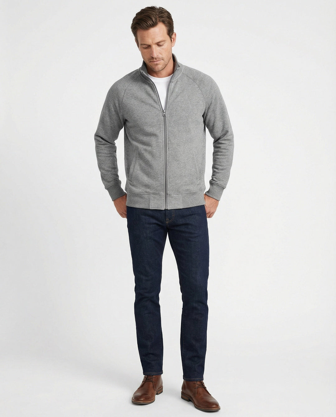 Herren strukturierte Stehkragen-Sweatjacke mit Raglanärmeln und durchgehendem Reißverschluss Shopnory