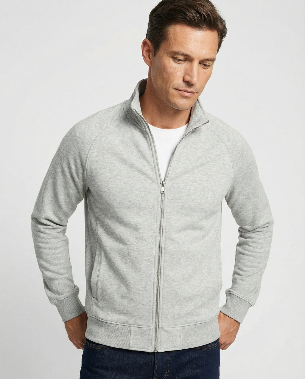 Herren strukturierte Stehkragen-Sweatjacke mit Raglanärmeln und durchgehendem Reißverschluss Shopnory
