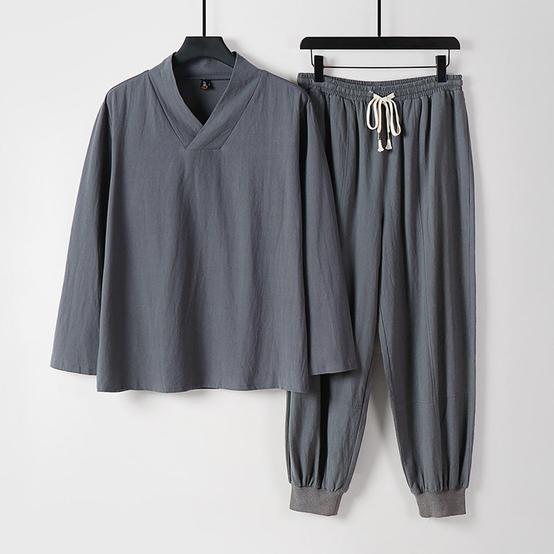 Herren Leichtes Kimono-Loungewear-Set aus Baumwollmix mit V‑Ausschnitt und elastischer Bündchenhose Shop Nory