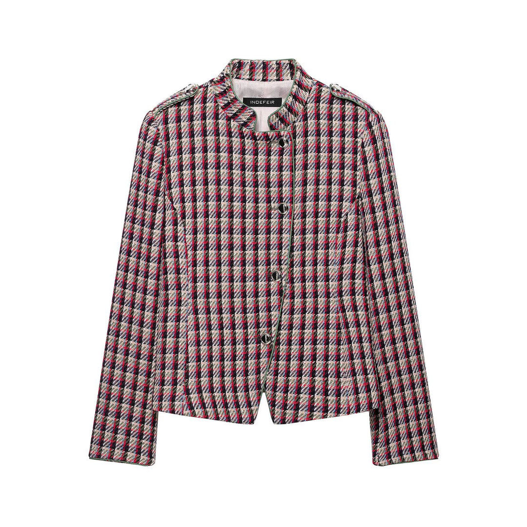 Damen Kurzblazer-Jacke im Bouclé-Tweed mit Stehkragen und Schulterpatten Shop Nory