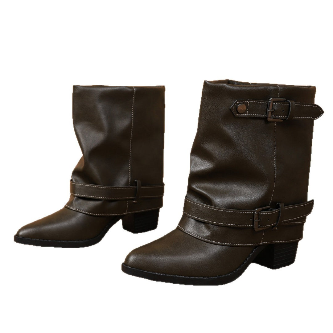Damen halbhohe Stiefel mit dekorativen Schnallenriemen und Blockabsatz Shop Nory