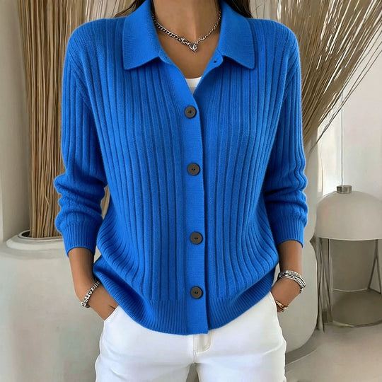 Damen Feiner gerippter Knopf‑Cardigan mit Hemdkragen und kastiger Silhouette Shop Nory