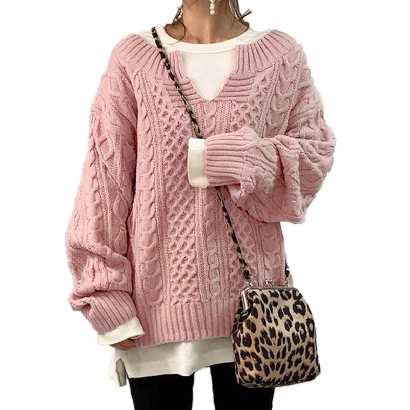 Damen nan weit geschnittener Strickpullover mit Zopfmuster und V-Ausschnitt Shop Nory