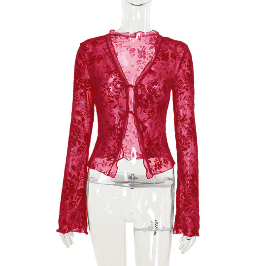 Damen Transparente Spitzenjacke mit floralen Mustern